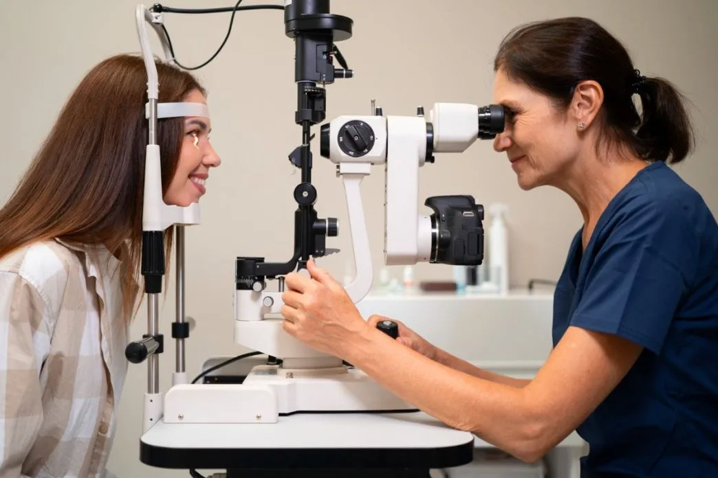 Mulher jovem realiza exame oftalmológico com médica utilizando um aparelho de lâmpada de fenda, em consultório especializado.