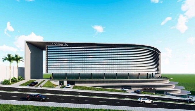 Perspectiva arquitetônica da futura sede da Fecomércio MG em Belo Horizonte, com fachada moderna e design arrojado na Av. Raja Gabaglia.
