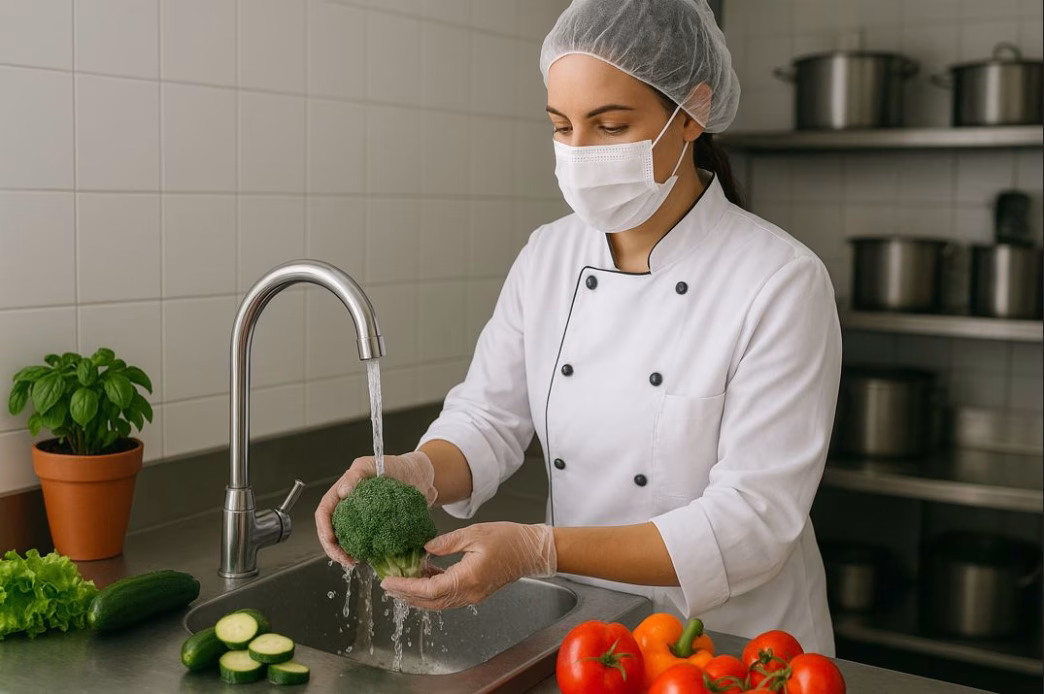 Profissional da gastronomia higieniza brócolis sob torneira em cozinha industrial, utilizando máscara, touca e luvas descartáveis.
